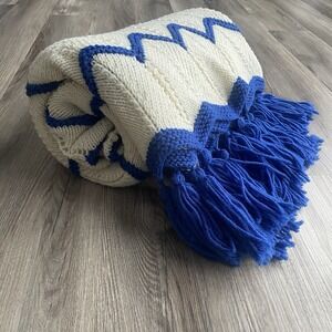 Vintage Handmade Crocheted Blanket Afghan Sofa Throw Blue White Chevron Tassel